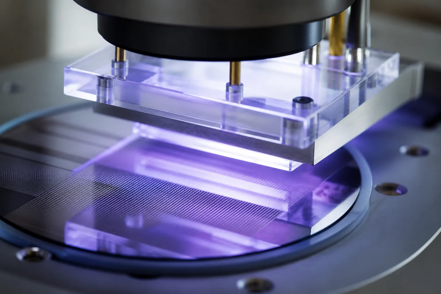 Macro lens capture shows UV nano-imprint lithography mold stamping a nano-scale pattern onto a transparent touch screen, highlighting detail and industrial precision.