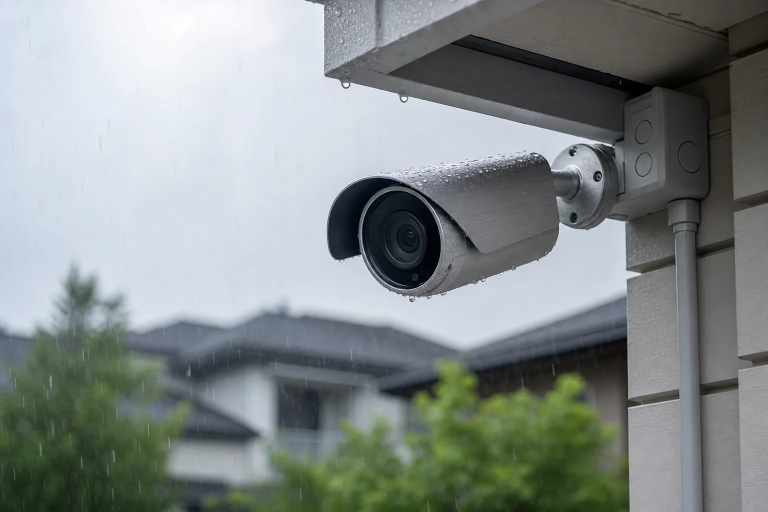 This image illustrates a weatherproofed home security camera installed outdoors, actively resisting rain while demonstrating professional installation techniques.