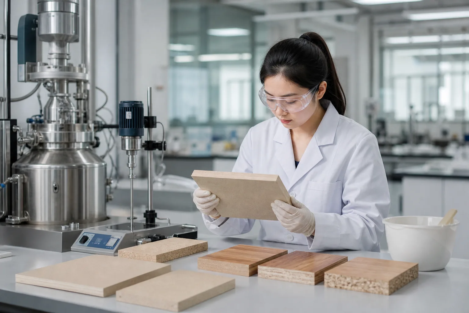 A realistic manufacturing lab scene showing wood adhesive development and substrate testing.