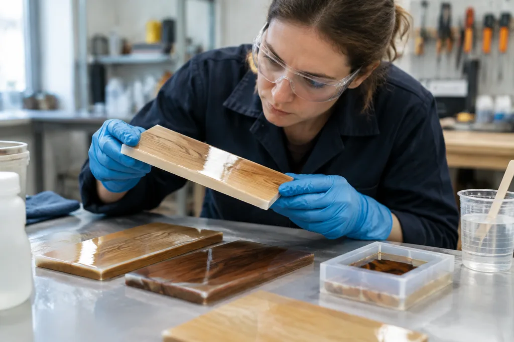 Técnico inspeccionando muestras de recubrimiento epoxi transparente y de moldeo en paneles de madera.