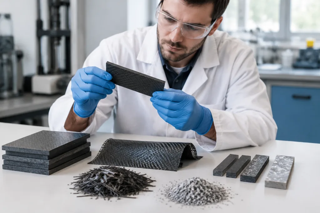 Engineer comparing matrix and reinforcement samples in an industrial materials laboratory