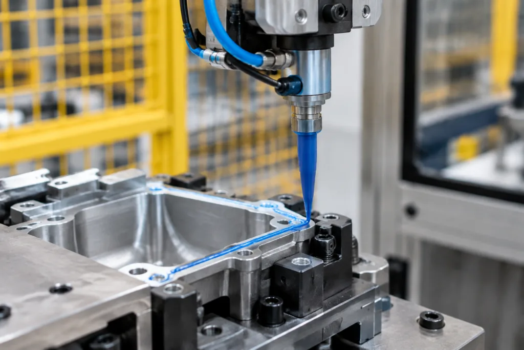Automated dispenser applying adhesive to a fixtured metal assembly
