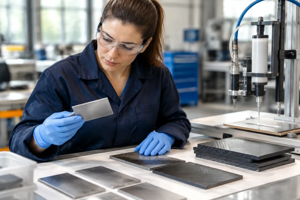 Engineer examining metal and composite substrates before adhesive testing