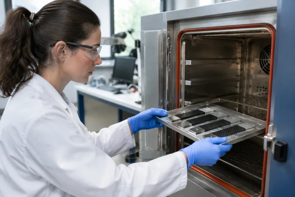 Technician preparing bonded test specimens for environmental conditioning