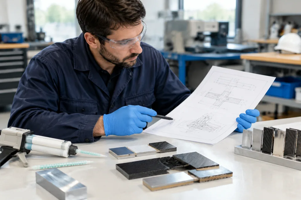 Engineer evaluating a metal-to-composite structural adhesive joint