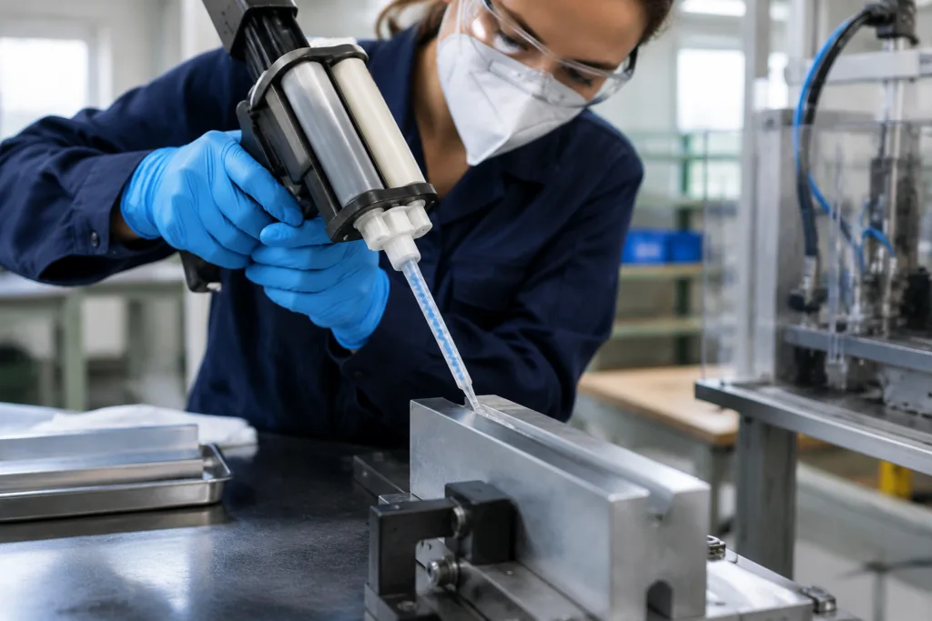 Technician dispensing clear epoxy onto a prepared industrial joint