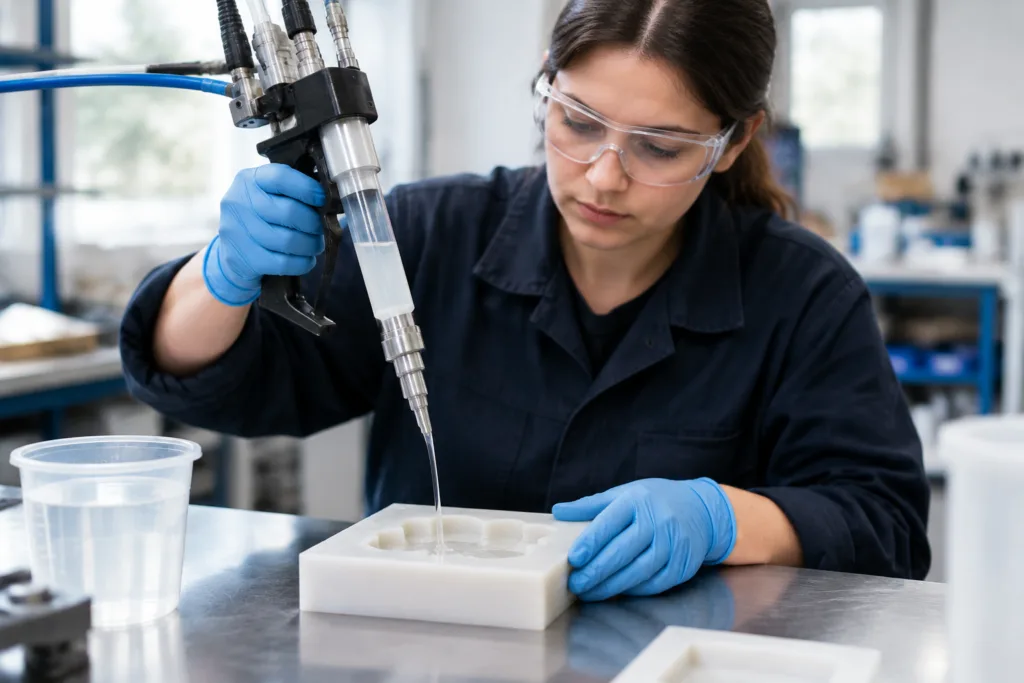 Technician dispensing clear epoxy resin into a test mold