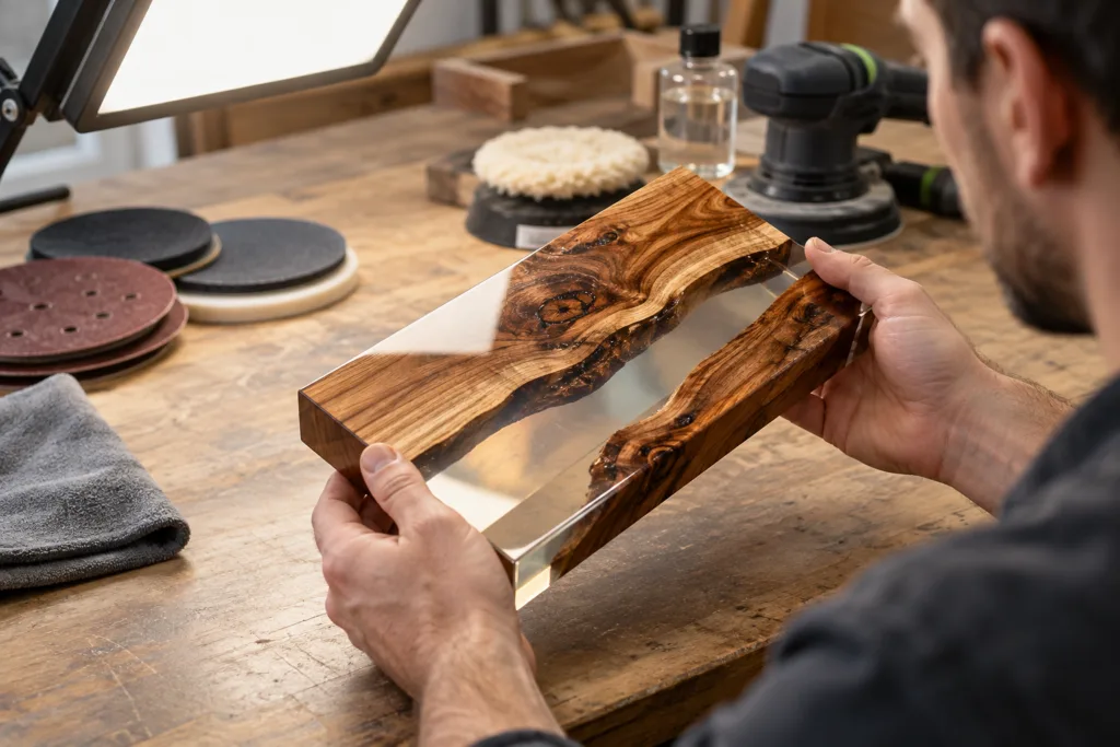 Cured wood and clear resin sample inspected before production approval