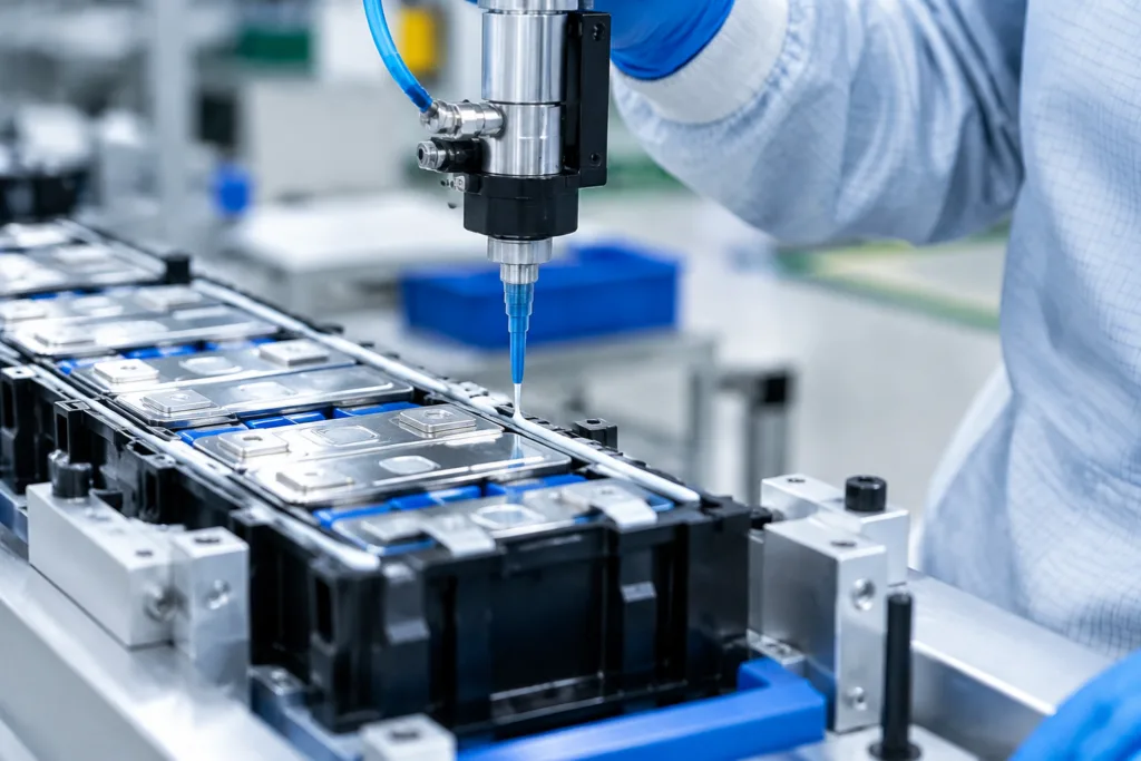 Controlled adhesive bead being dispensed on a prismatic battery module carrier