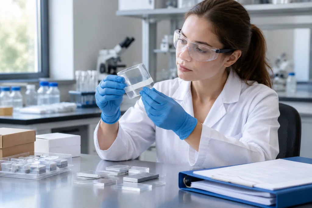 Technician inspecting cured epoxy samples and packaging