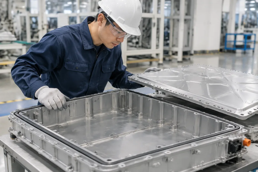 Technician inspecting the seal path on an EV battery enclosure cover