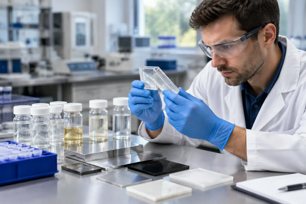 Engineer comparing clear epoxy samples with industrial substrate coupons