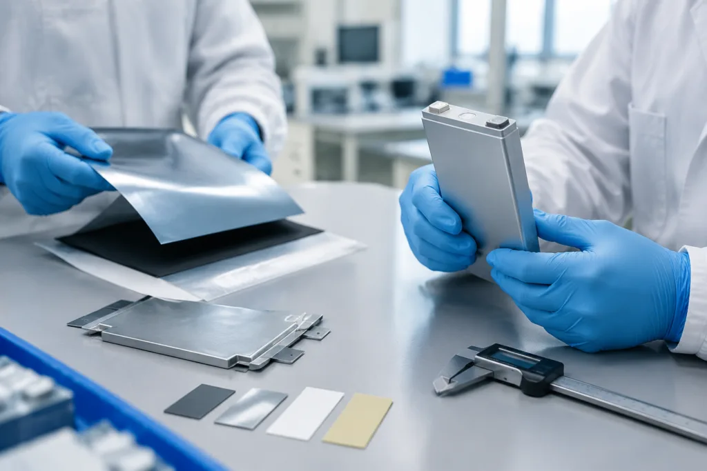 Engineer comparing prismatic battery cell and carrier substrates for adhesive selection