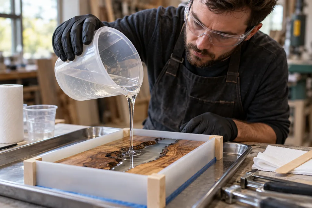 Operator dispensing clear epoxy into a representative wood casting sample