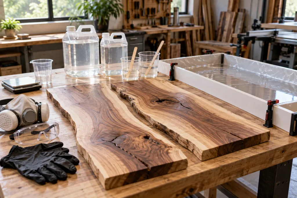 Prepared wood slabs and casting mold arranged for river table epoxy selection